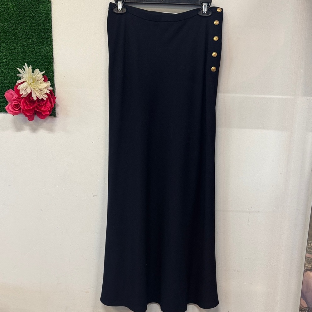 Vintage Ralph Lauren Elegant Navy Maxi Skirt with Gold Button Accents